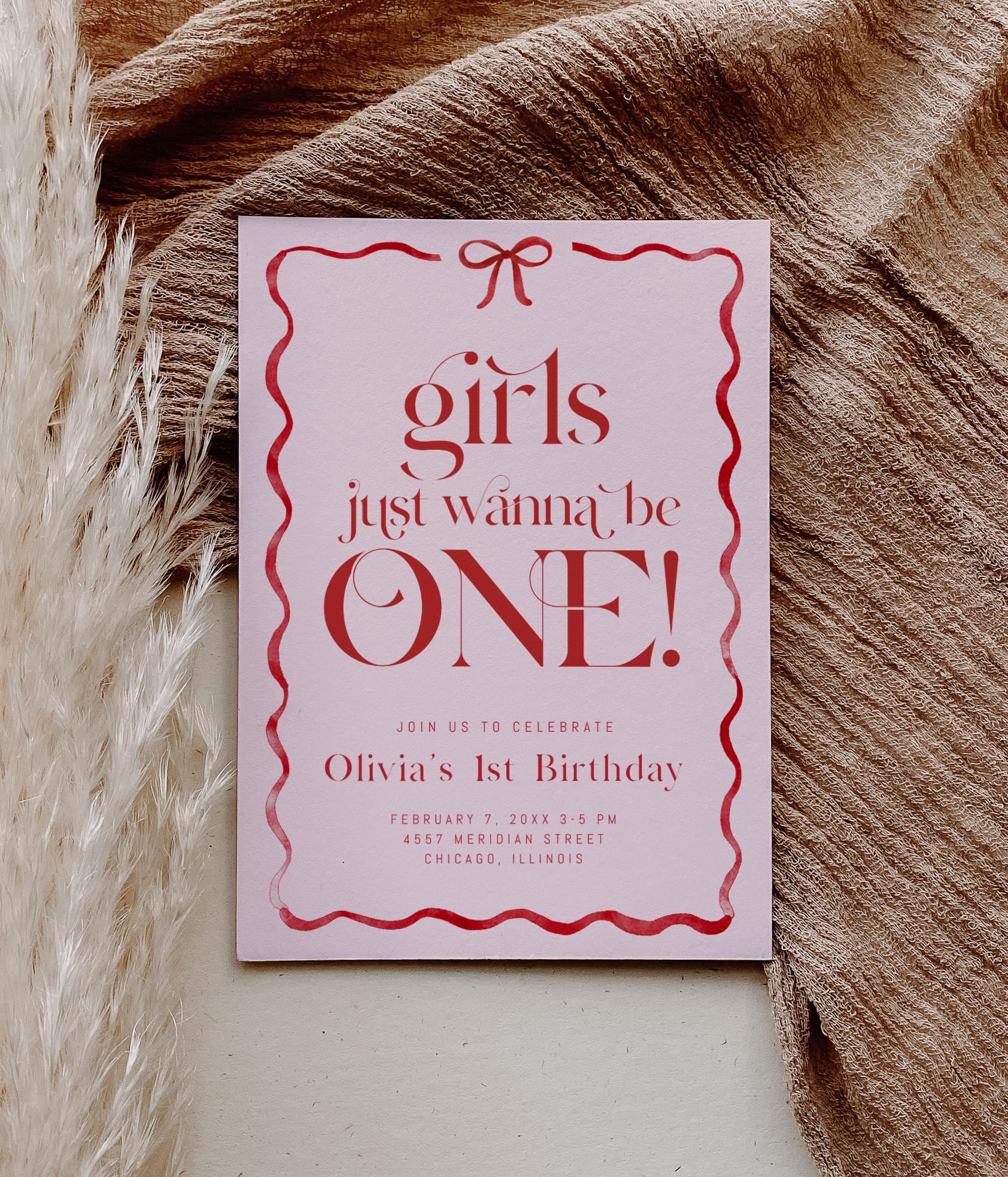 Girls Just Wanna Be ONE 1st Birthday Invitation, Editable Girl First Birthday Invite, Pink Red Bow Theme Printable Party