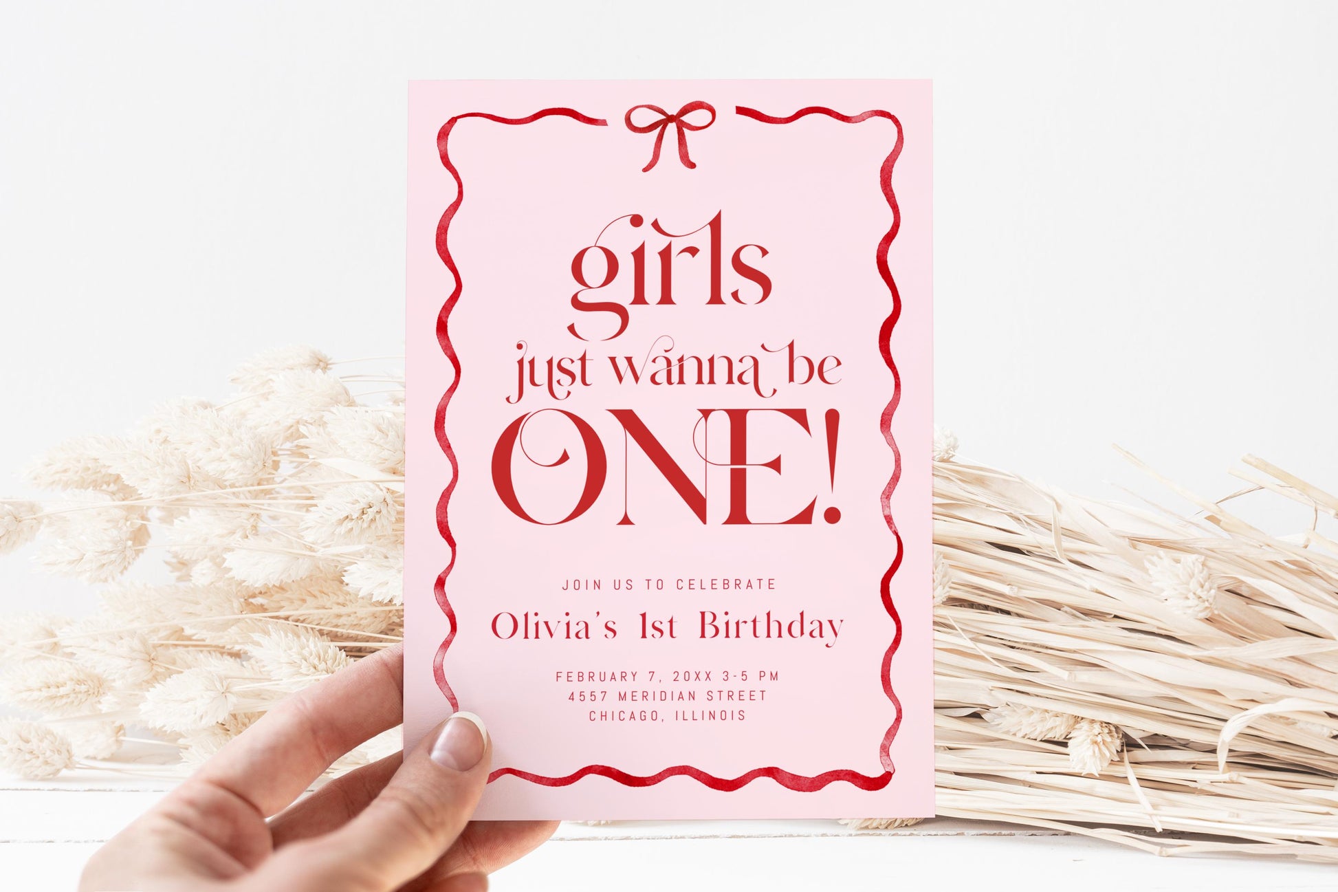 Girls Just Wanna Be ONE 1st Birthday Invitation, Editable Girl First Birthday Invite, Pink Red Bow Theme Printable Party
