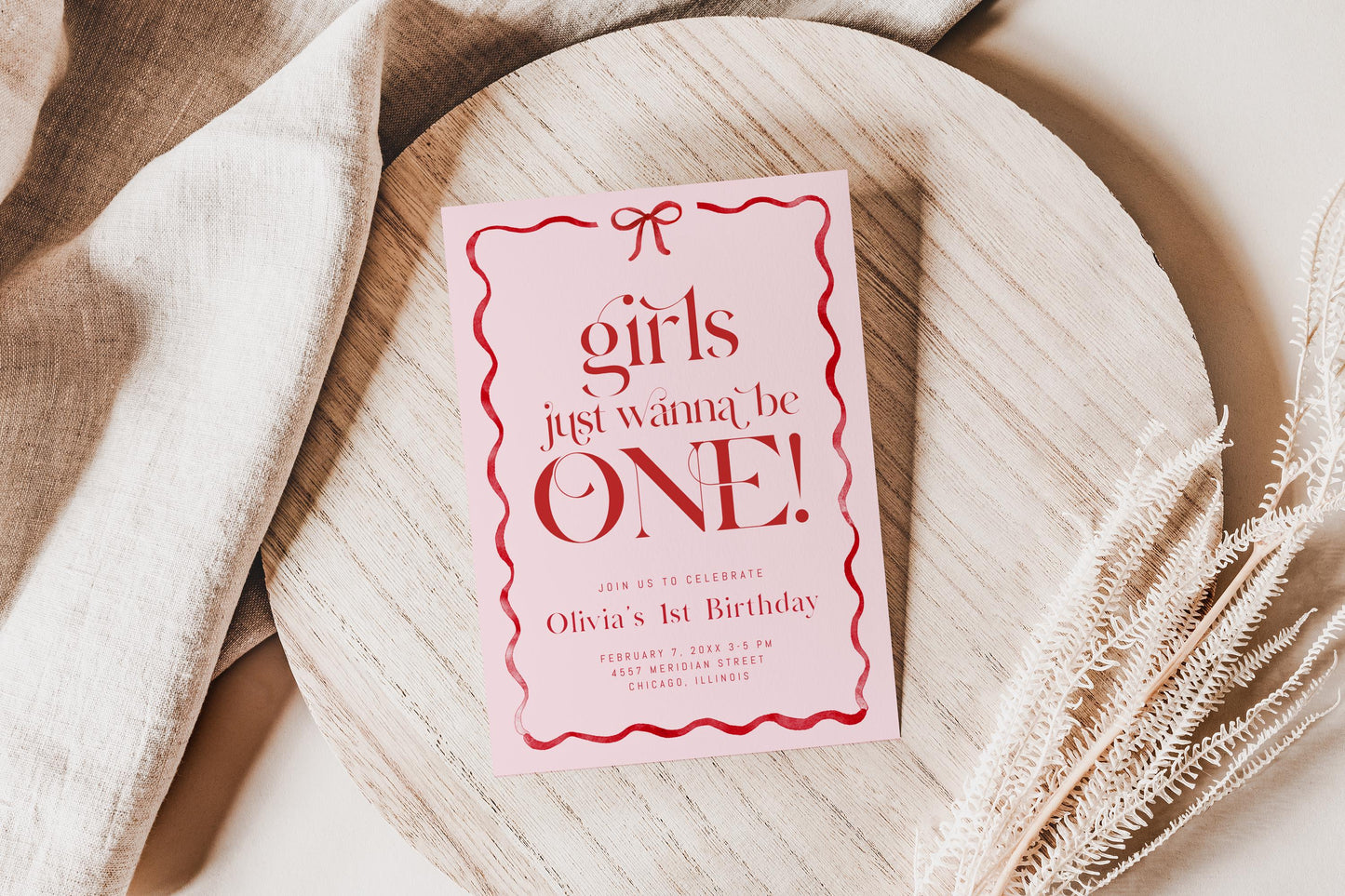 Girls Just Wanna Be ONE 1st Birthday Invitation, Editable Girl First Birthday Invite, Pink Red Bow Theme Printable Party