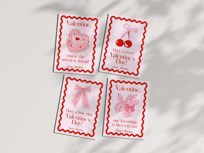 Girly Valentine - Coquette Bow Valentine Card, Editable Template - Cherry Aesthetic School Valentine Card - Printable Valentine for Girls
