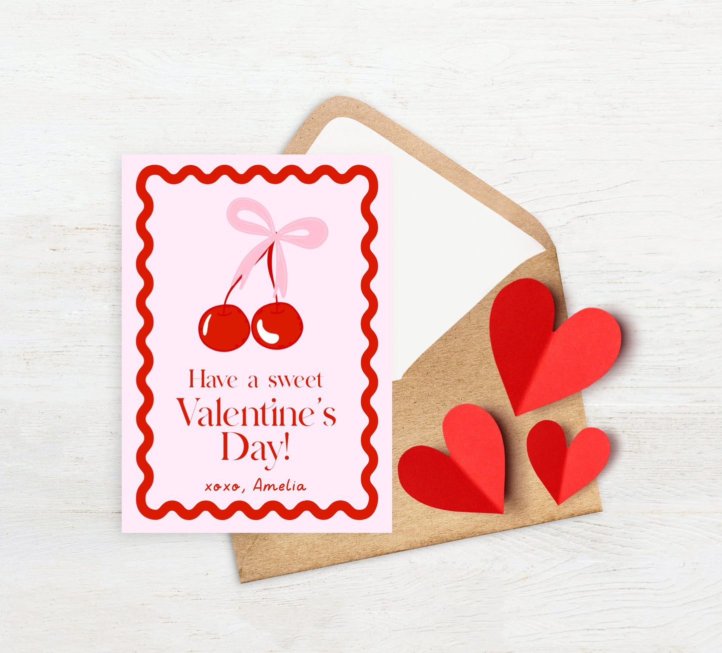 Girly Valentine - Coquette Bow Valentine Card, Editable Template - Cherry Aesthetic School Valentine Card - Printable Valentine for Girls