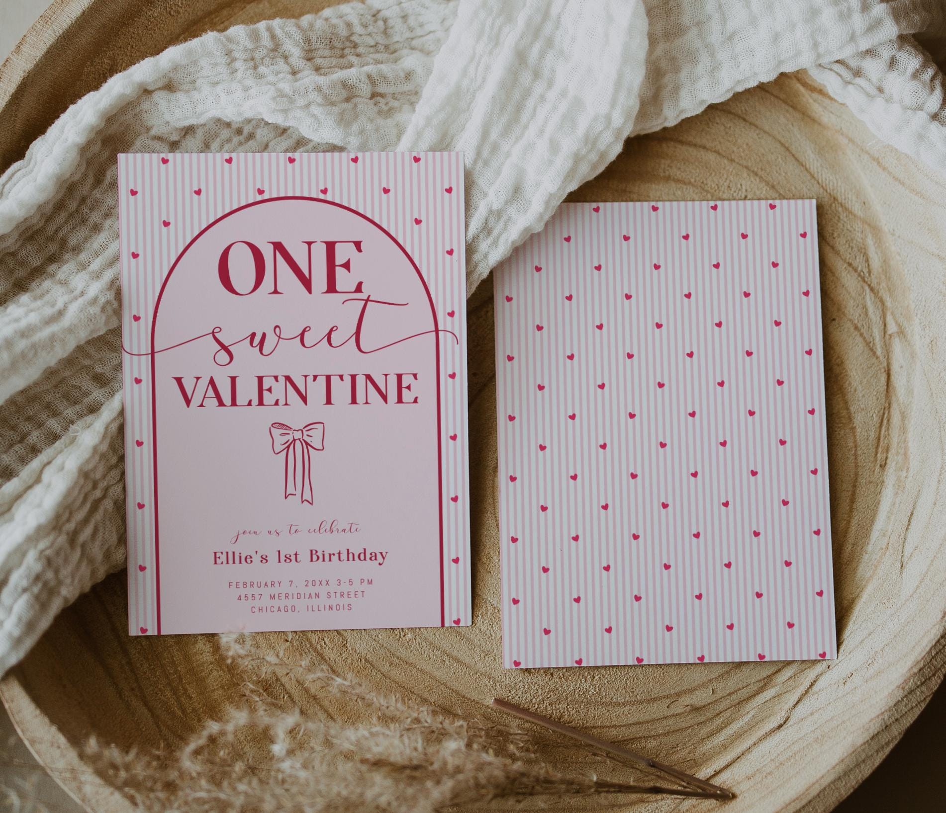 ONE Sweet Valentine First Birthday Invitation - Pink Bow Invite - Hearts 1st Birthday Party Printable - Editable Corjl Template