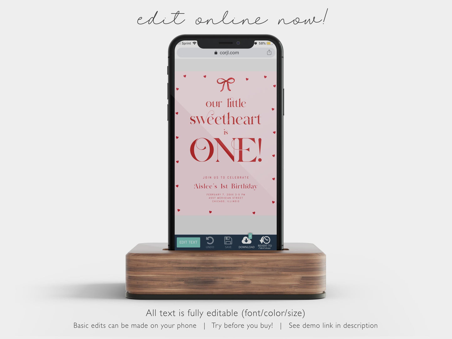 Our Little Sweetheart Is One Invitation, Valentine First Birthday, Pink Red Bow Hearts Invite, Editable Template for Girl 1st Birthday