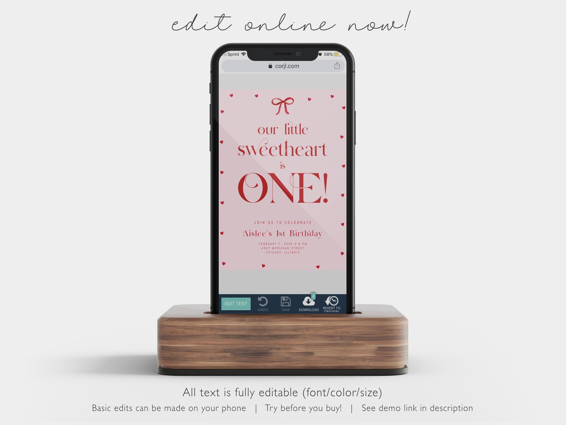 Our Little Sweetheart Is One Invitation, Valentine First Birthday, Pink Red Bow Hearts Invite, Editable Template for Girl 1st Birthday