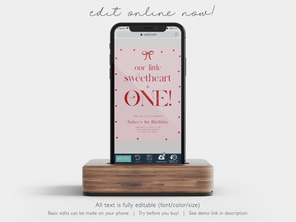 Our Little Sweetheart Is One Invitation, Valentine First Birthday, Pink Red Bow Hearts Invite, Editable Template for Girl 1st Birthday