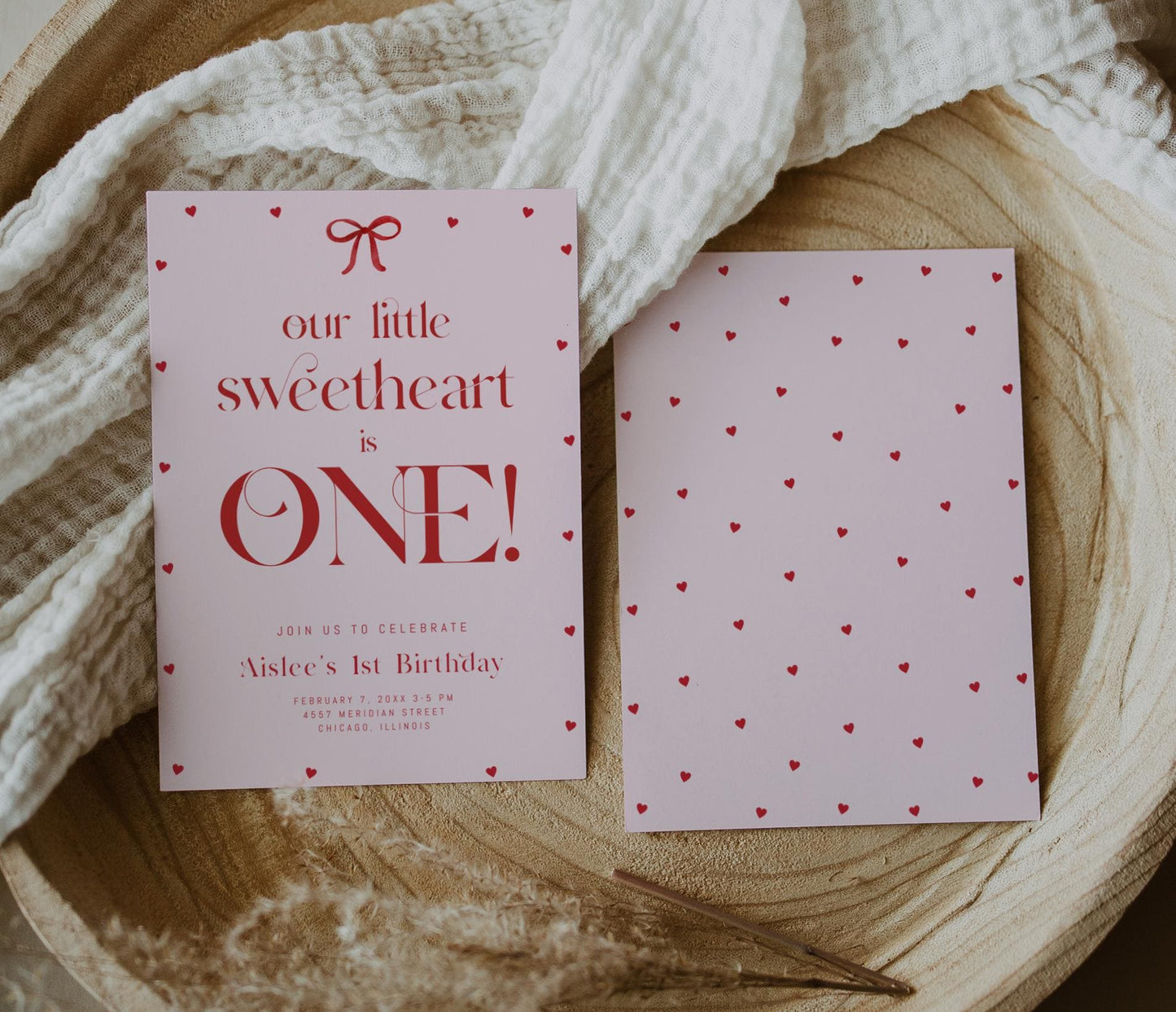 Our Little Sweetheart Is One Invitation, Valentine First Birthday, Pink Red Bow Hearts Invite, Editable Template for Girl 1st Birthday