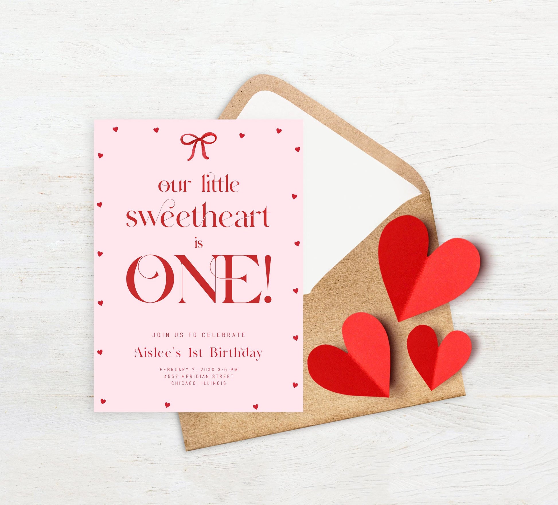 Our Little Sweetheart Is One Invitation, Valentine First Birthday, Pink Red Bow Hearts Invite, Editable Template for Girl 1st Birthday
