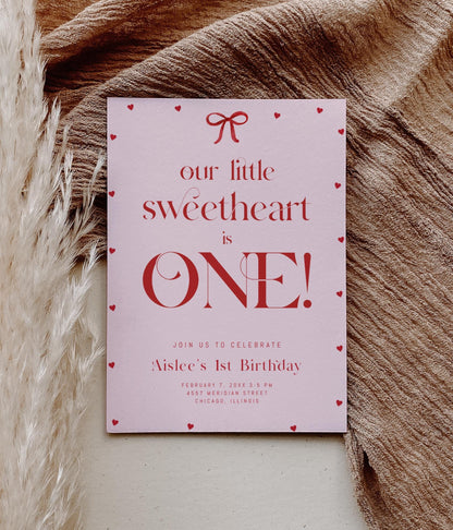 Our Little Sweetheart Is One Invitation, Valentine First Birthday, Pink Red Bow Hearts Invite, Editable Template for Girl 1st Birthday