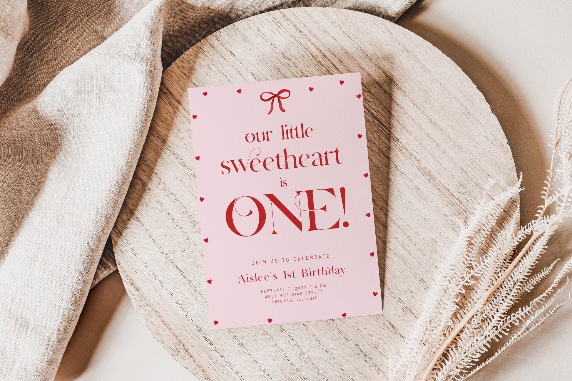 Our Little Sweetheart Is One Invitation, Valentine First Birthday, Pink Red Bow Hearts Invite, Editable Template for Girl 1st Birthday