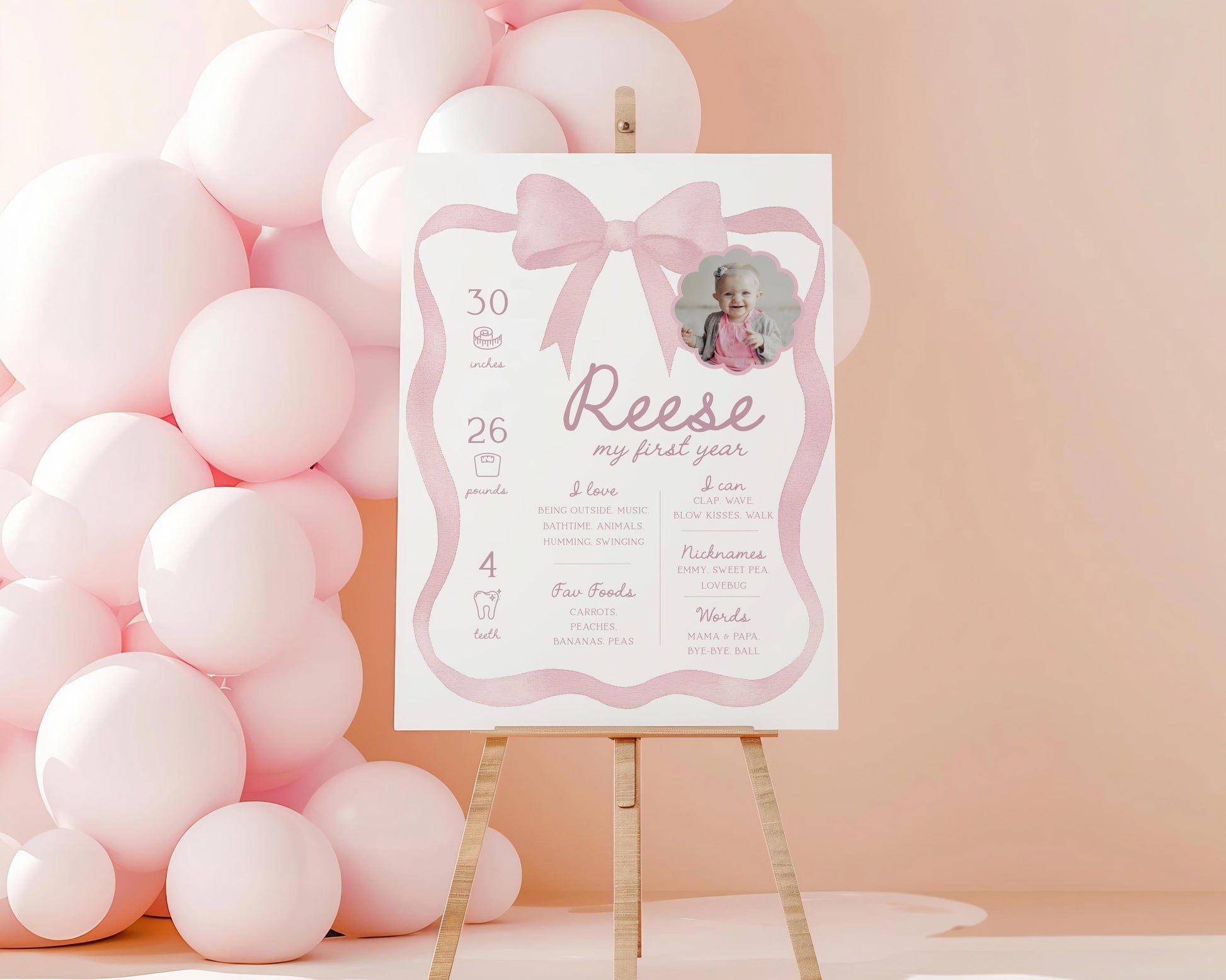 Pink Bow Milestone Board - 1st Birthday Stats Poster - My First Year Sign - Girl First Birthday Party - EDITABLE Template