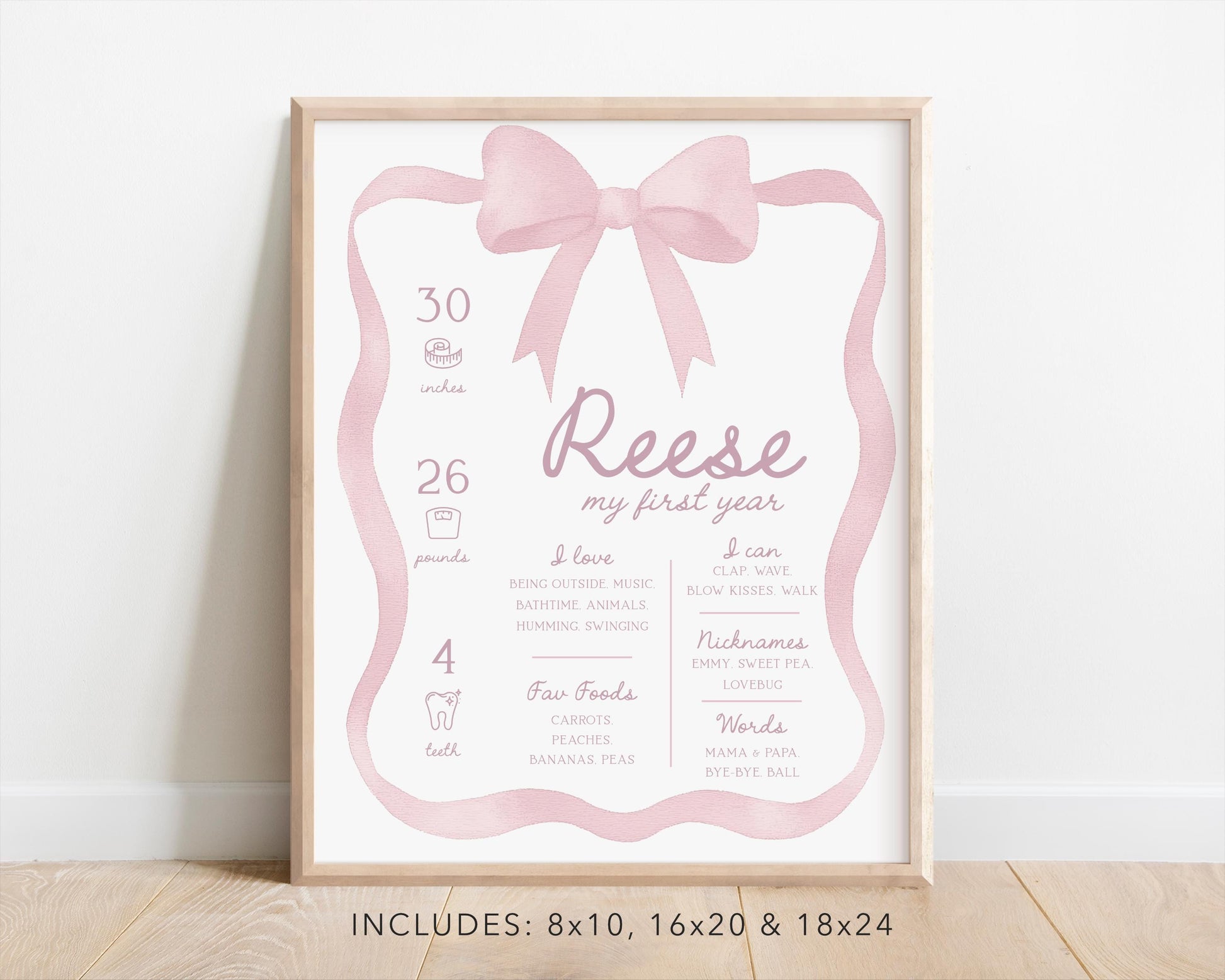 Pink Bow Milestone Board - 1st Birthday Stats Poster - My First Year Sign - Girl First Birthday Party - EDITABLE Template