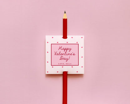 Valentine Pencil Tag Editable Template | Heart & Stripe Valentine Classroom Candy Bag Sticker