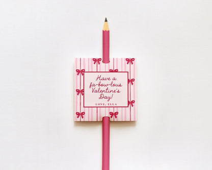 Bow Valentine Tag Editable Template | Punny Valentine Classroom Candy Bag Sticker | Pencil Coquette Valentine