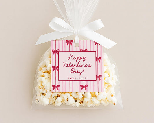 Coquette Bow Valentine Card Editable Template | Personalized Valentine Popcorn Bag Tag or Sticker Printable