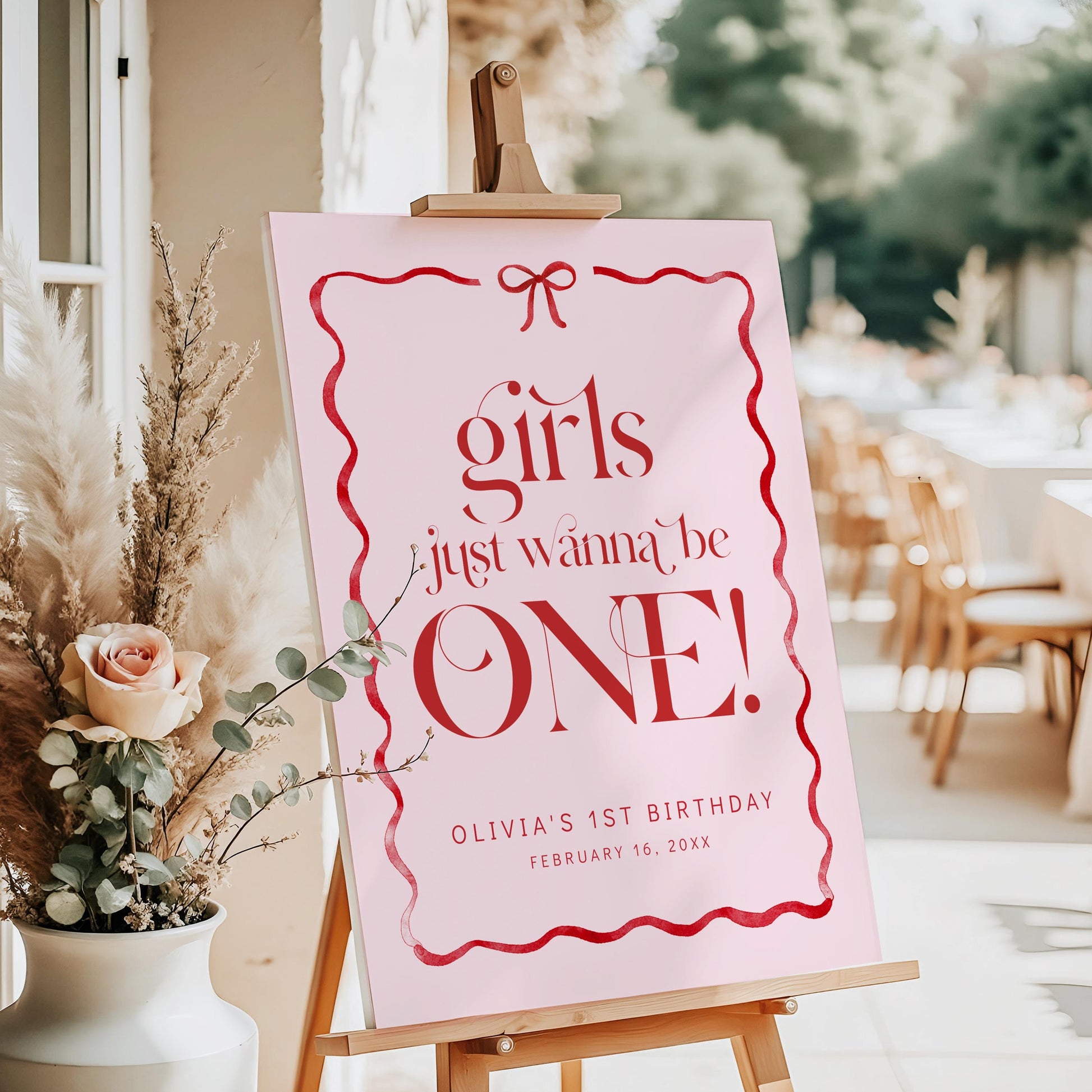 Girls Just Wanna Be ONE Welcome Sign, Pink Bow First Birthday, Girl 1st Birthday Welcome Poster, Editable Template, Blush Red Bow Decor