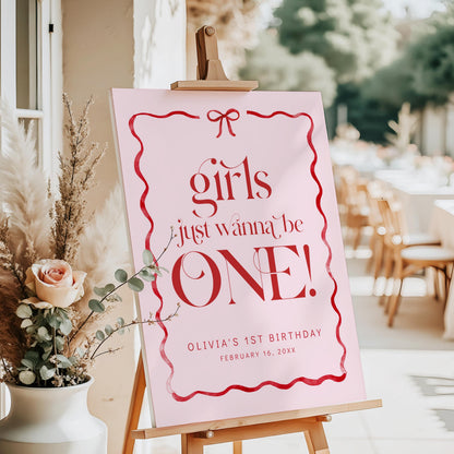Girls Just Wanna Be ONE Welcome Sign, Pink Bow First Birthday, Girl 1st Birthday Welcome Poster, Editable Template, Blush Red Bow Decor