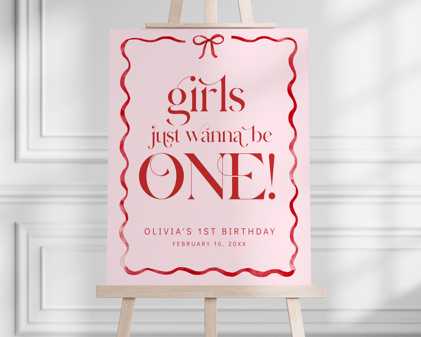 Girls Just Wanna Be ONE Welcome Sign, Pink Bow First Birthday, Girl 1st Birthday Welcome Poster, Editable Template, Blush Red Bow Decor