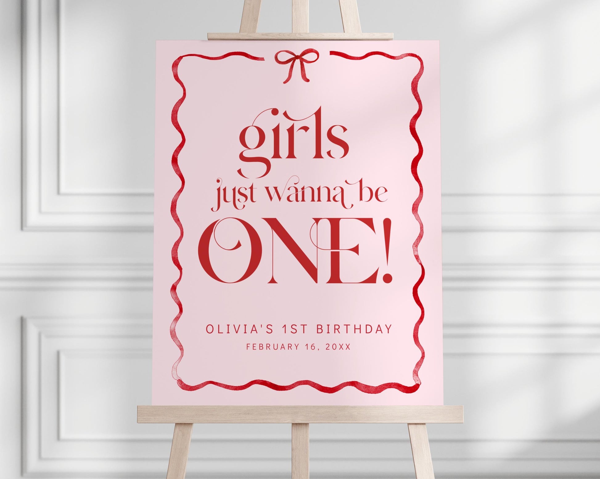 Girls Just Wanna Be ONE Welcome Sign, Pink Bow First Birthday, Girl 1st Birthday Welcome Poster, Editable Template, Blush Red Bow Decor
