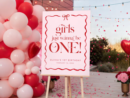 Girls Just Wanna Be ONE Welcome Sign, Pink Bow First Birthday, Girl 1st Birthday Welcome Poster, Editable Template, Blush Red Bow Decor