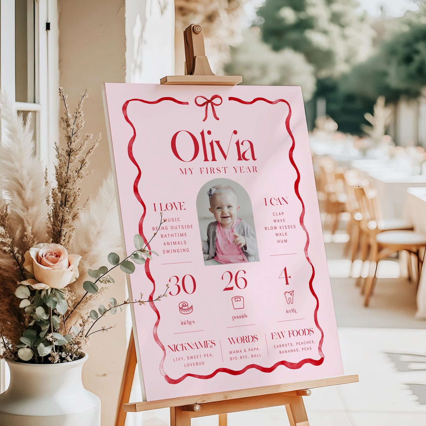 Girls Just Wanna Be ONE Milestone Board, Pink Bow First Birthday Stats Poster, My First Year Editable Sign Template