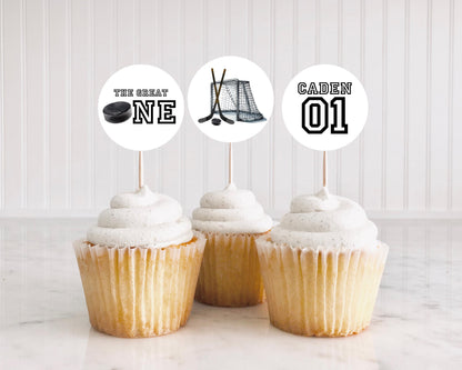 Hockey Cupcake Topper | Boys 1st Birthday Hockey Party Editable Decor | Ice Hockey Sticker Template | The Great One Round Tag