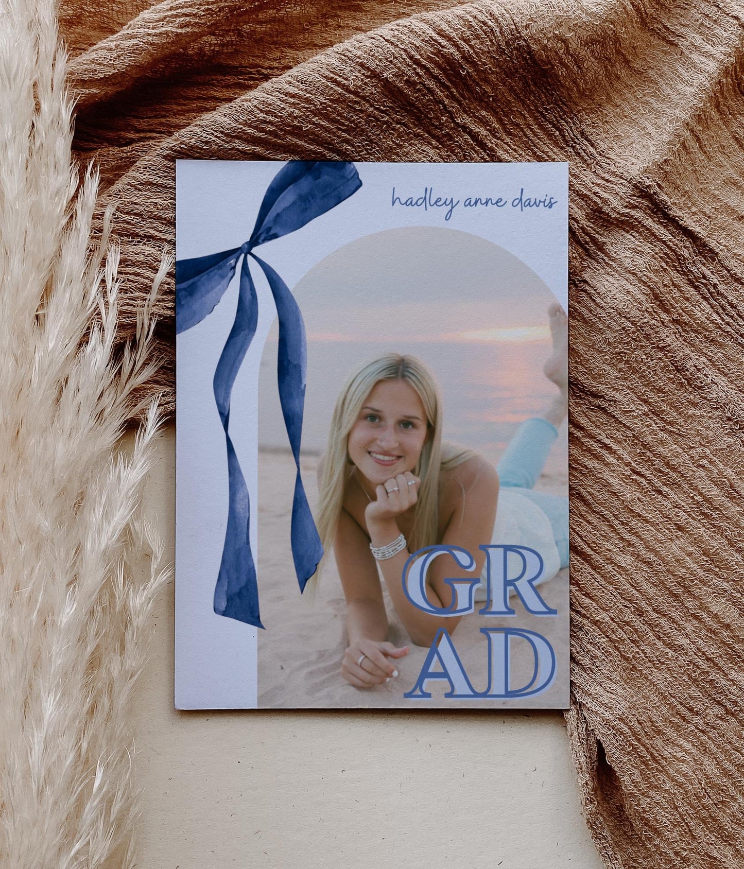 Navy Blue Bow Graduation Invitation, Canva Template, Editable Girly Grad Party Invite, Coquette Bow, Aesthetic Senior Announcement Photo