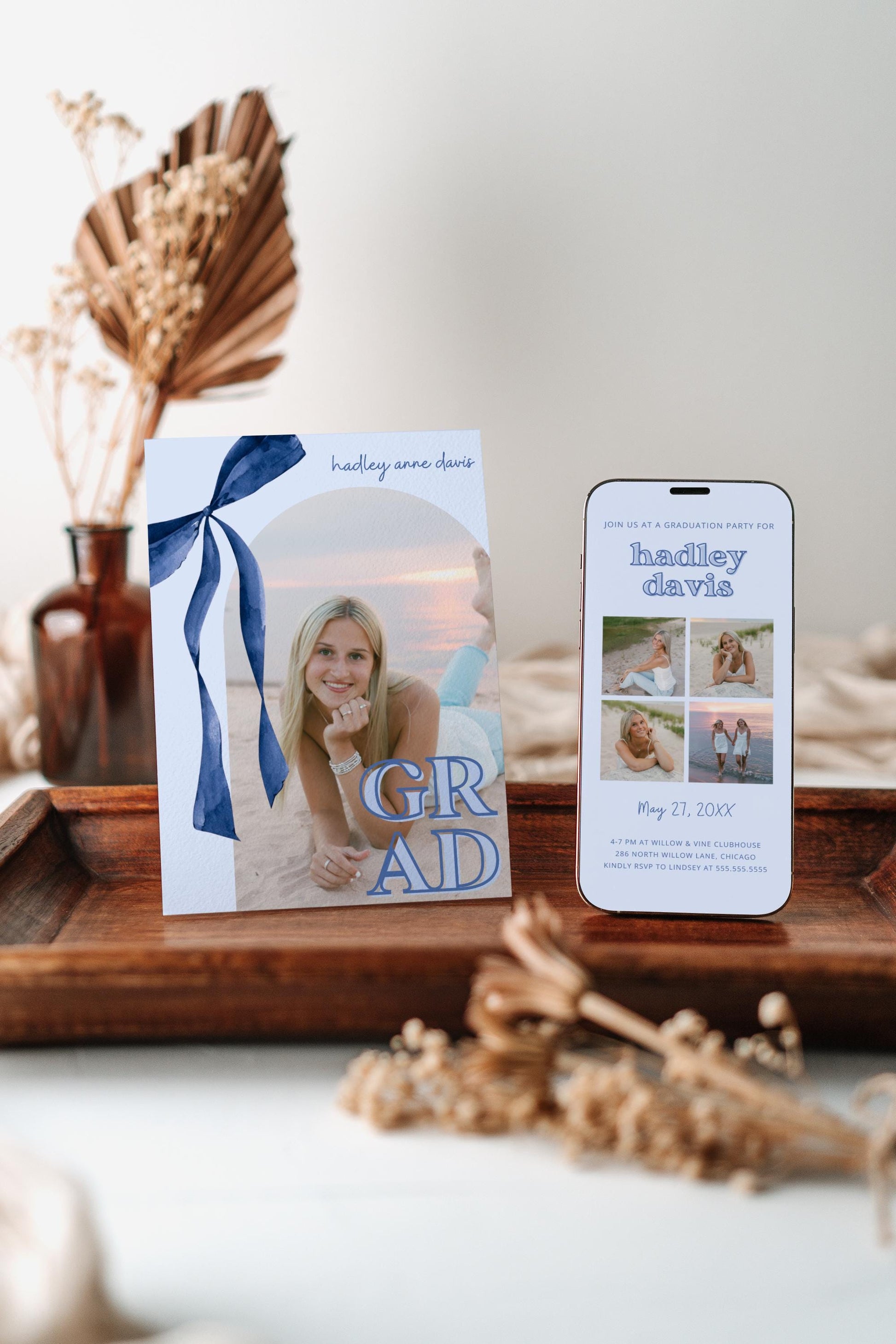 Navy Blue Bow Graduation Invitation, Canva Template, Editable Girly Grad Party Invite, Coquette Bow, Aesthetic Senior Announcement Photo