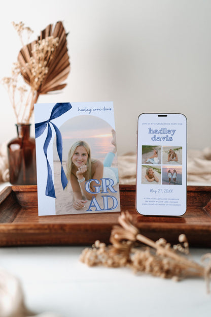 Navy Blue Bow Graduation Invitation, Canva Template, Editable Girly Grad Party Invite, Coquette Bow, Aesthetic Senior Announcement Photo