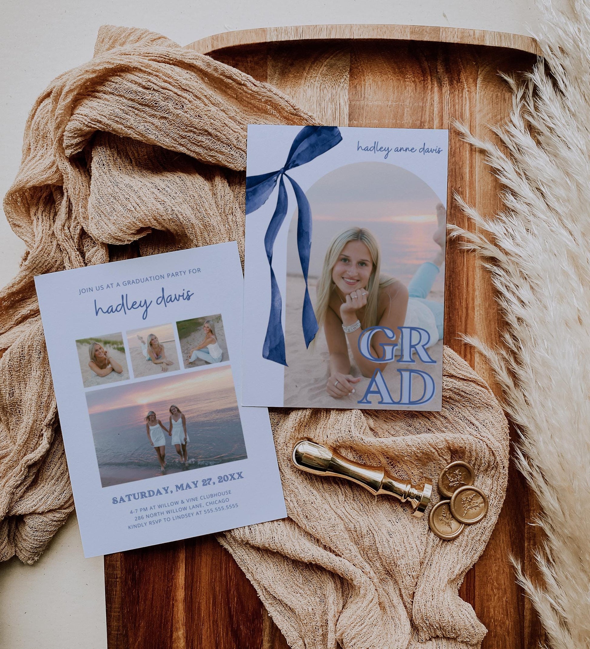 Navy Blue Bow Graduation Invitation, Canva Template, Editable Girly Grad Party Invite, Coquette Bow, Aesthetic Senior Announcement Photo