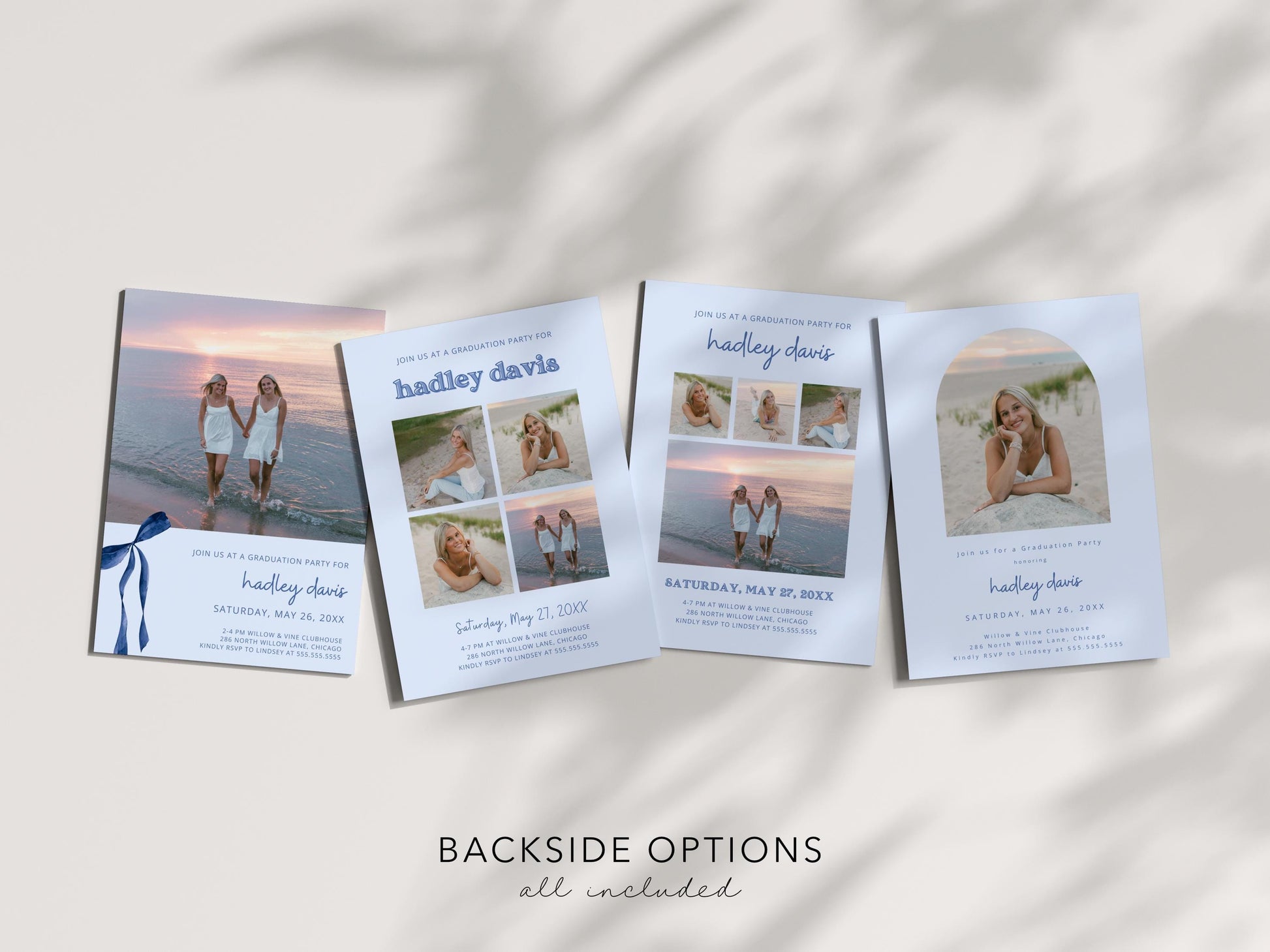 Navy Blue Bow Graduation Invitation, Canva Template, Editable Girly Grad Party Invite, Coquette Bow, Aesthetic Senior Announcement Photo