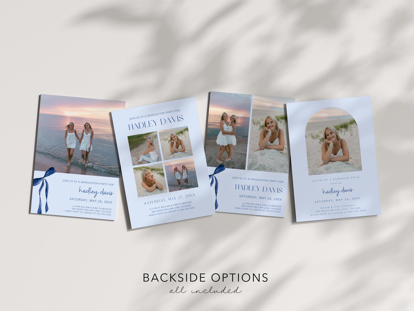 Blue Bow Graduation Invitation, Canva Template, Editable Girly Grad Party Invite, Coquette Bow, Aesthetic Senior Announcement Photo