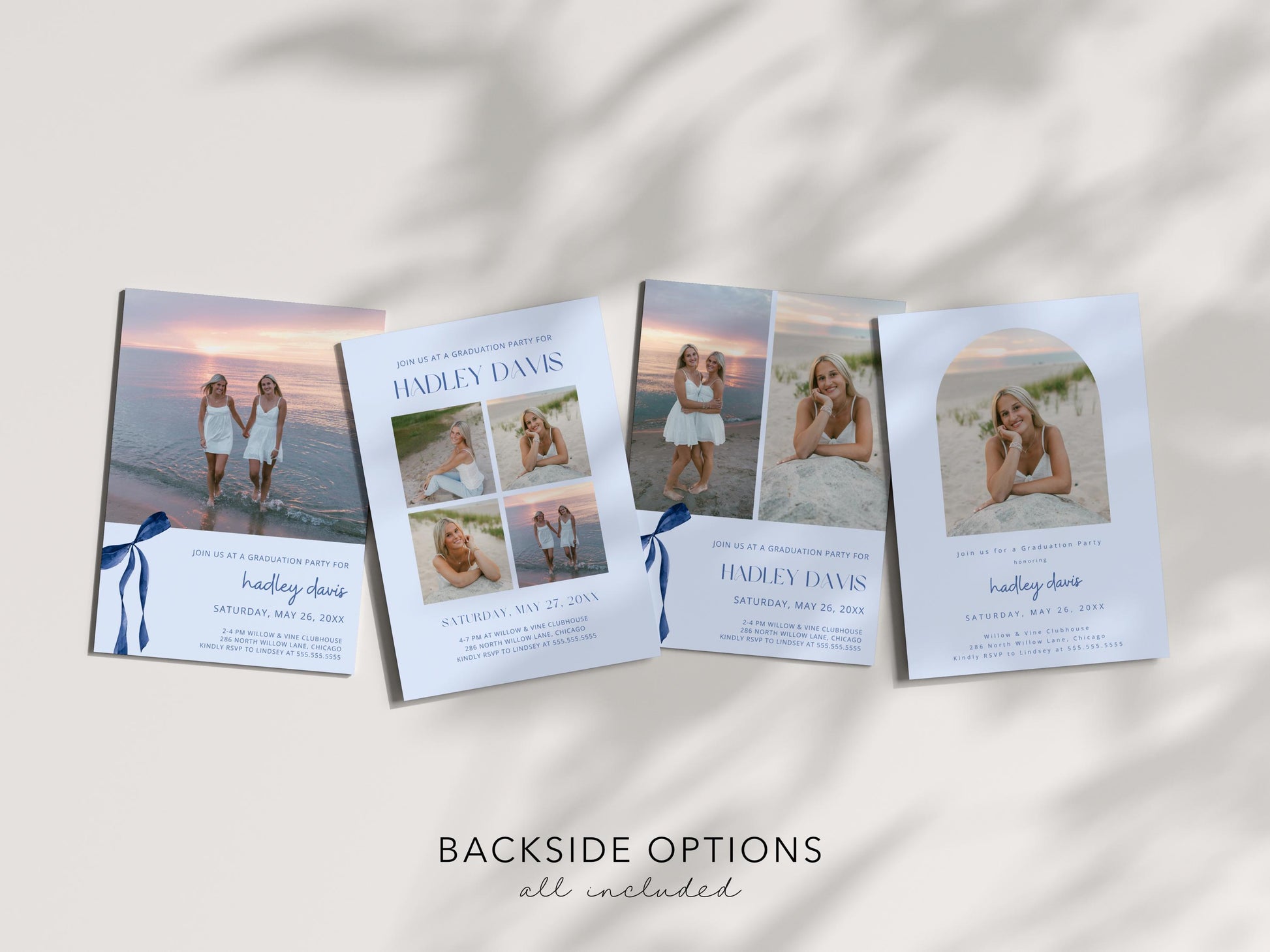 Blue Bow Graduation Invitation, Canva Template, Editable Girly Grad Party Invite, Coquette Bow, Aesthetic Senior Announcement Photo