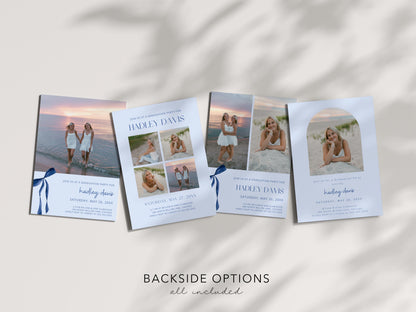 Blue Bow Graduation Invitation, Canva Template, Editable Girly Grad Party Invite, Coquette Bow, Aesthetic Senior Announcement Photo