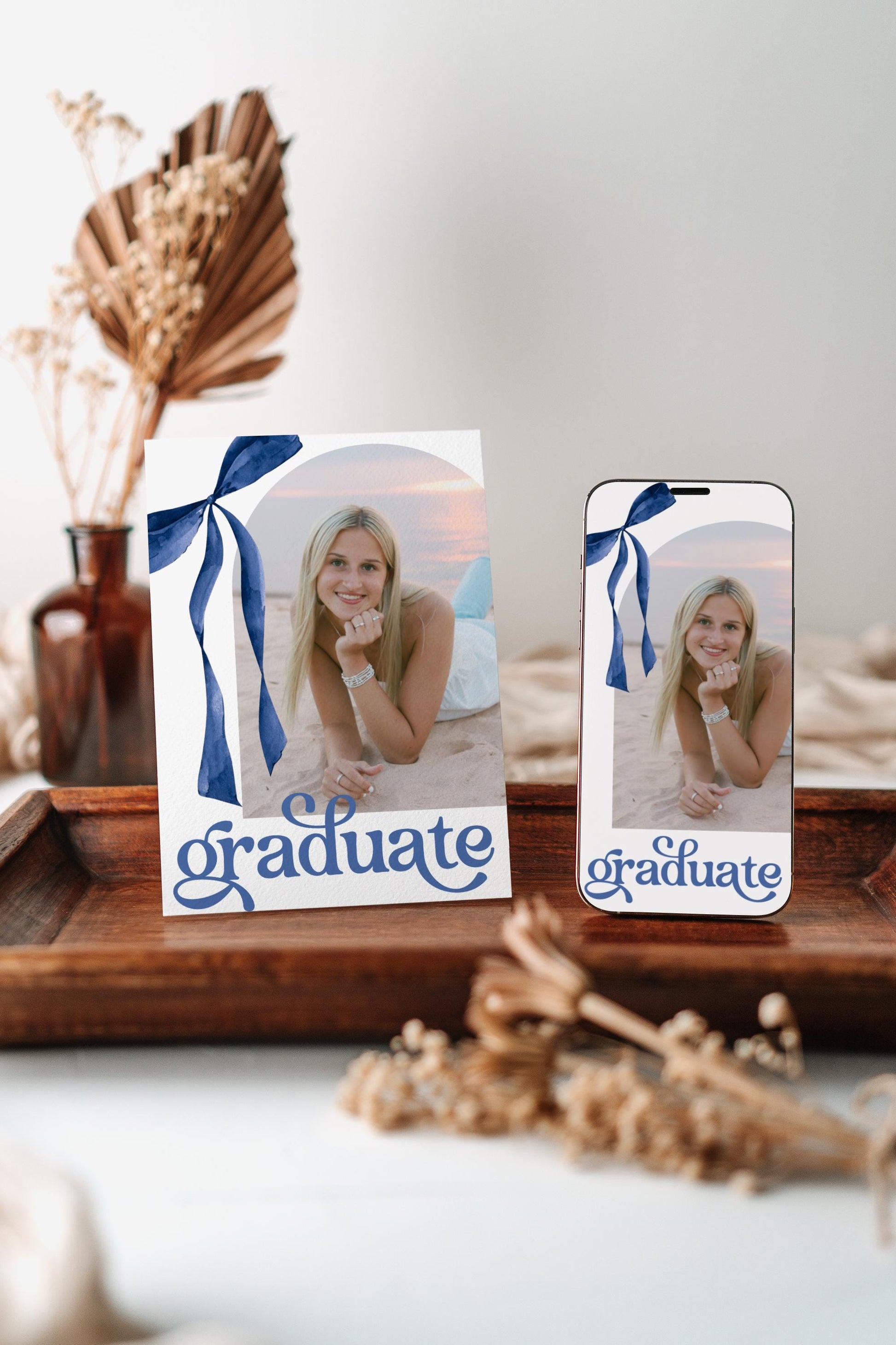 Blue Bow Graduation Invitation, Canva Template, Editable Girly Grad Party Invite, Coquette Bow, Aesthetic Senior Announcement Photo