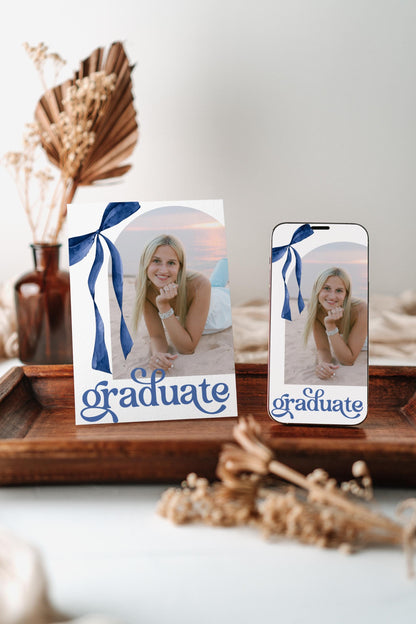 Blue Bow Graduation Invitation, Canva Template, Editable Girly Grad Party Invite, Coquette Bow, Aesthetic Senior Announcement Photo