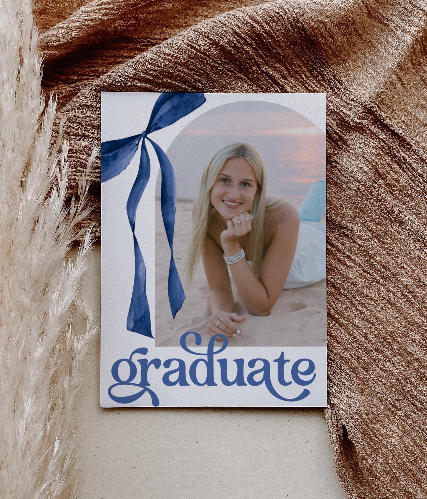 Blue Bow Graduation Invitation, Canva Template, Editable Girly Grad Party Invite, Coquette Bow, Aesthetic Senior Announcement Photo