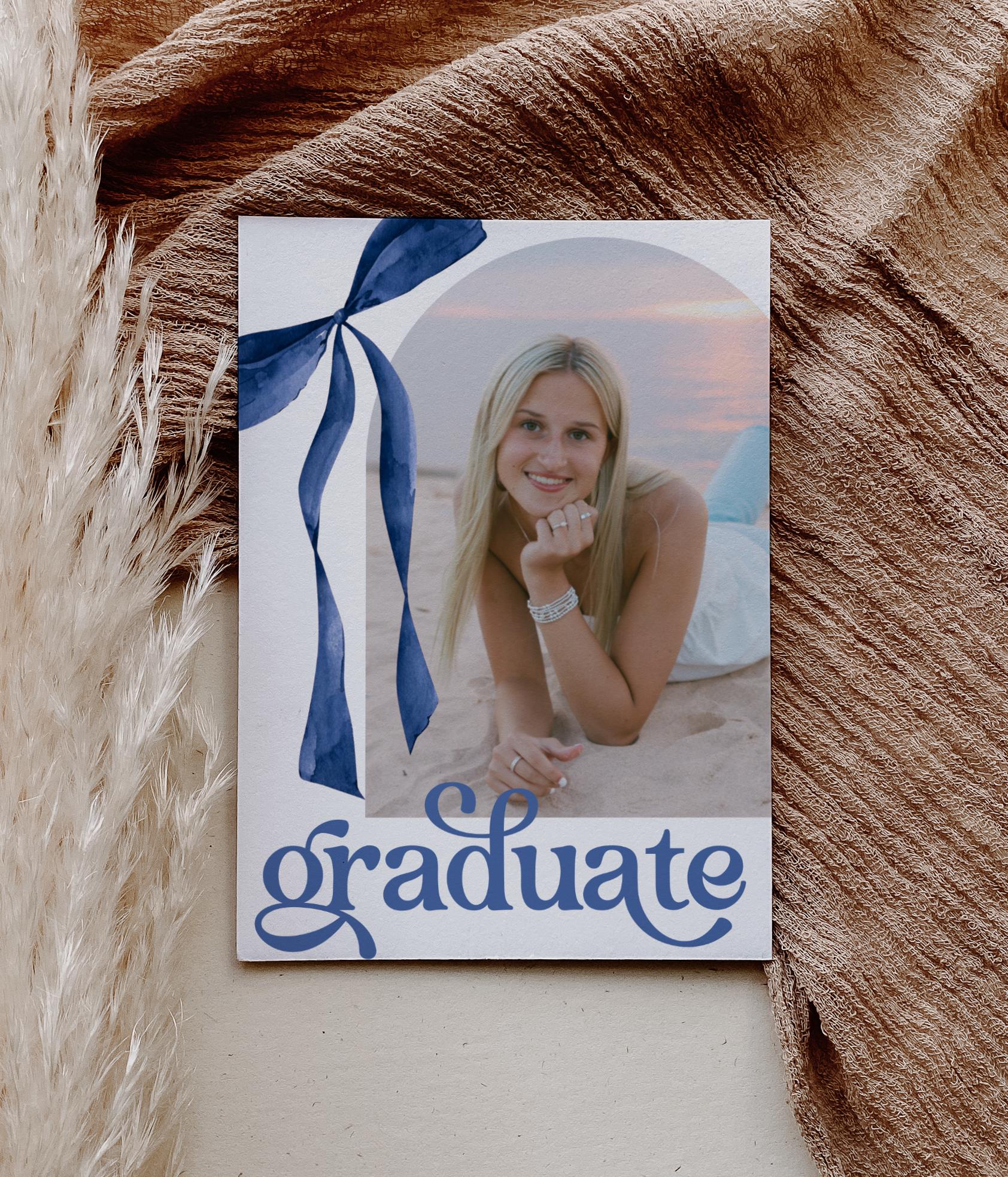 Blue Bow Graduation Invitation, Canva Template, Editable Girly Grad Party Invite, Coquette Bow, Aesthetic Senior Announcement Photo