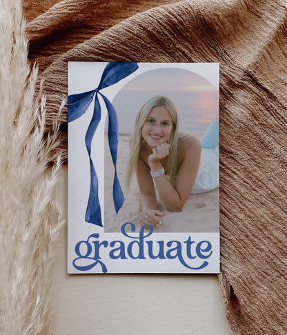 Blue Bow Graduation Invitation, Canva Template, Editable Girly Grad Party Invite, Coquette Bow, Aesthetic Senior Announcement Photo