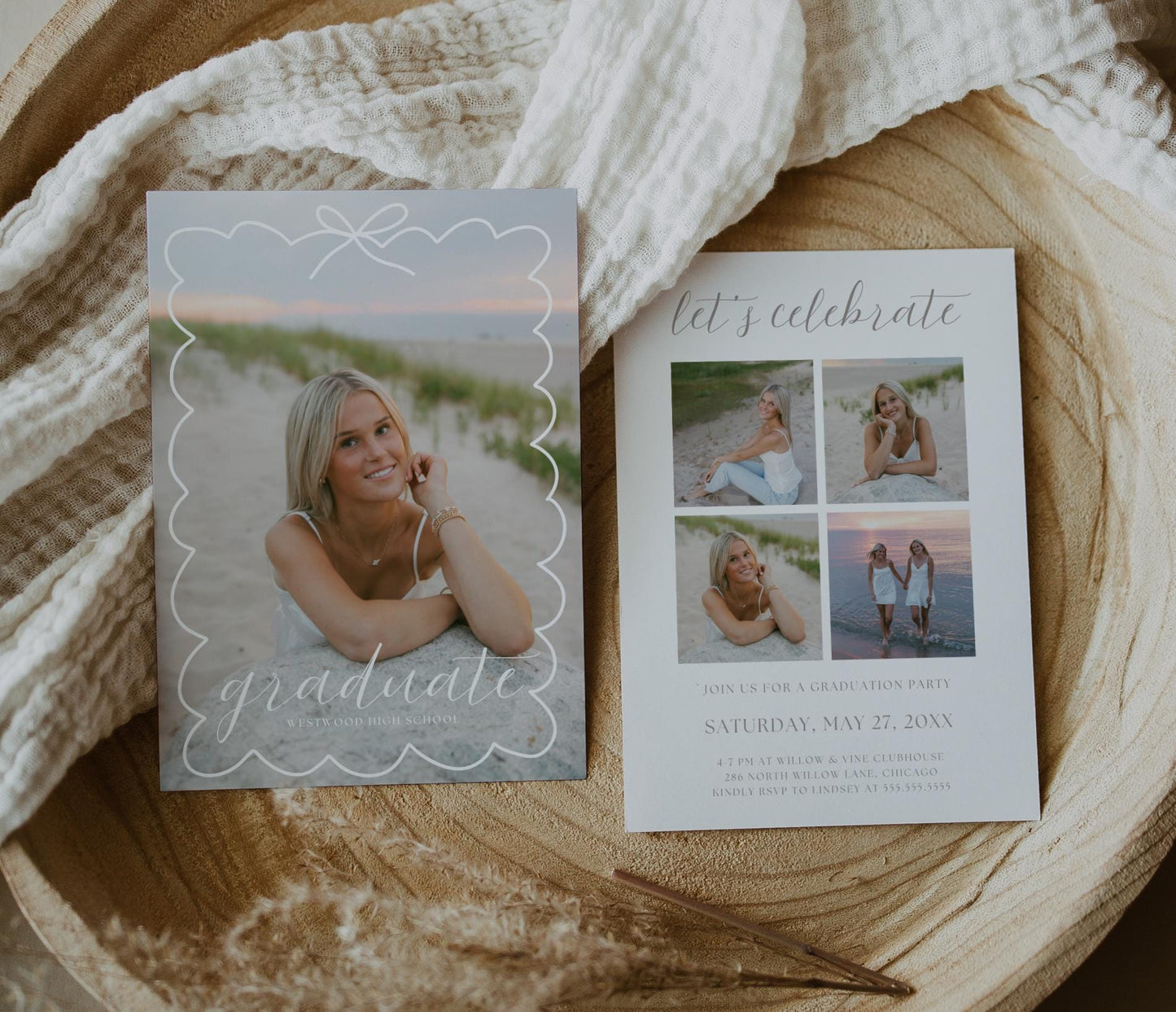 Editable Graduation Invitation Canva Template with Photo | Modern Bow Frame Grad Announcement Card Printable | Graduation Party Invite