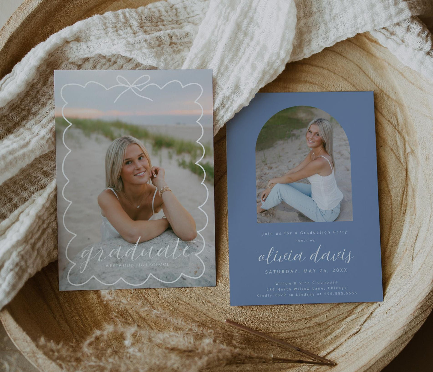 Editable Graduation Invitation Canva Template with Photo | Modern Bow Frame Grad Announcement Card Printable | Graduation Party Invite