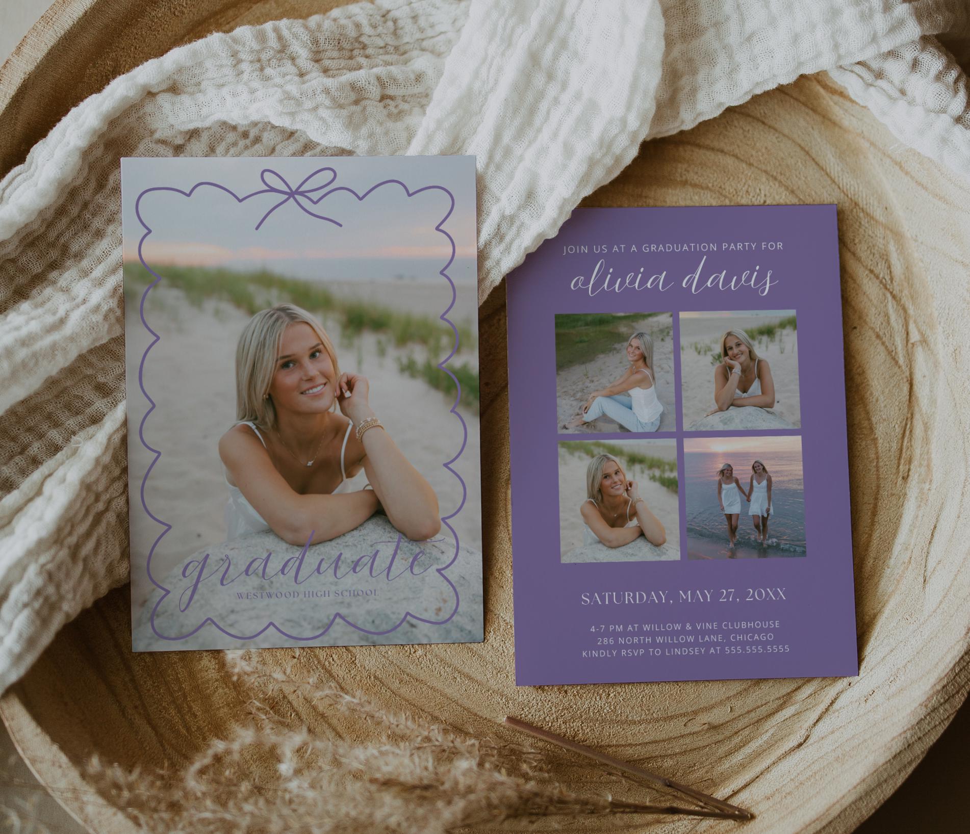 Editable Graduation Invitation Canva Template with Photo | Modern Bow Frame Grad Announcement Card Printable | Graduation Party Invite