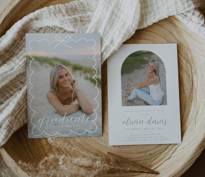 Editable Graduation Invitation Canva Template with Photo | Modern Bow Frame Grad Announcement Card Printable | Graduation Party Invite