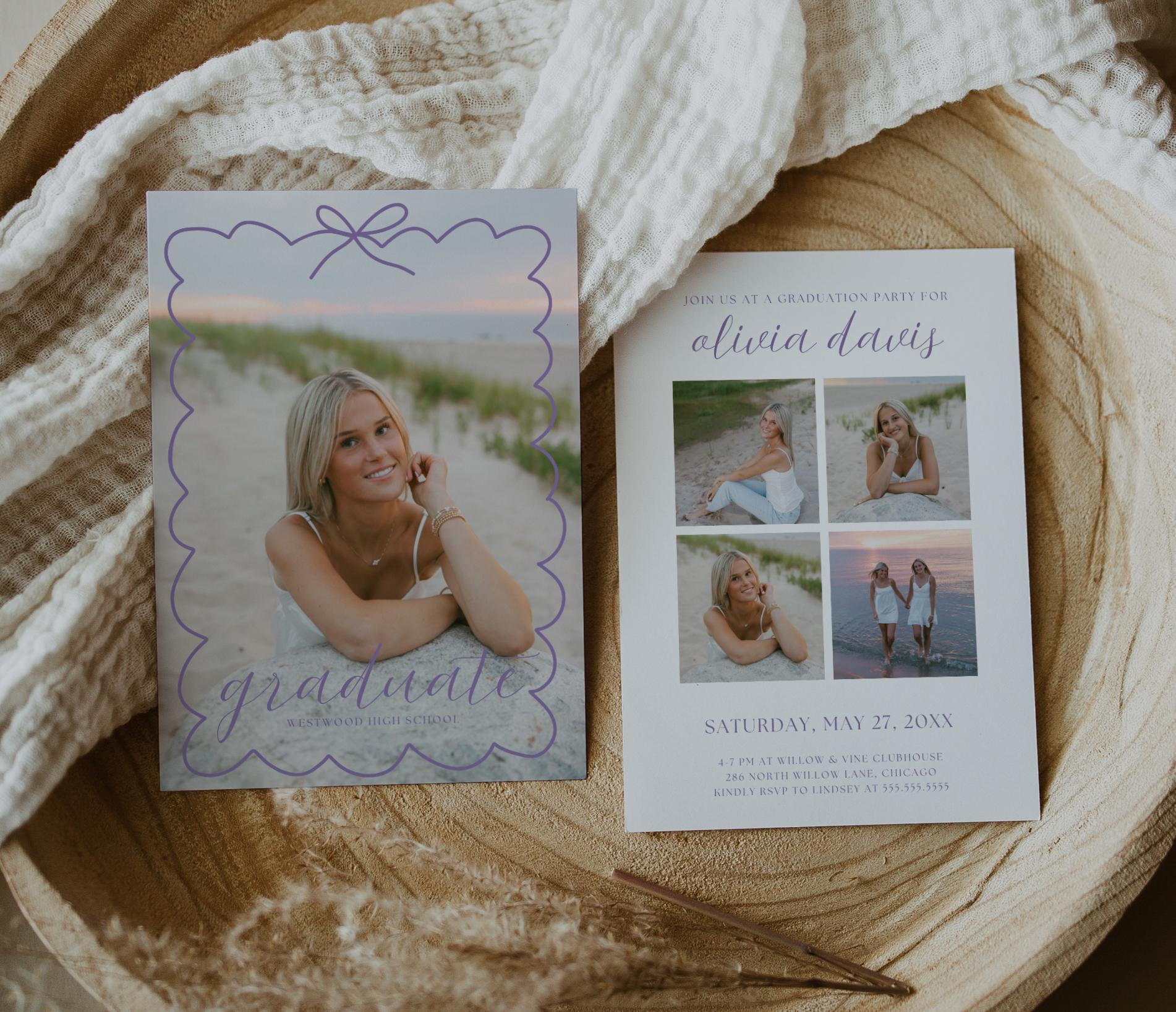 Editable Graduation Invitation Canva Template with Photo | Modern Bow Frame Grad Announcement Card Printable | Graduation Party Invite