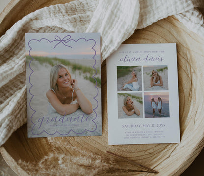 Editable Graduation Invitation Canva Template with Photo | Modern Bow Frame Grad Announcement Card Printable | Graduation Party Invite