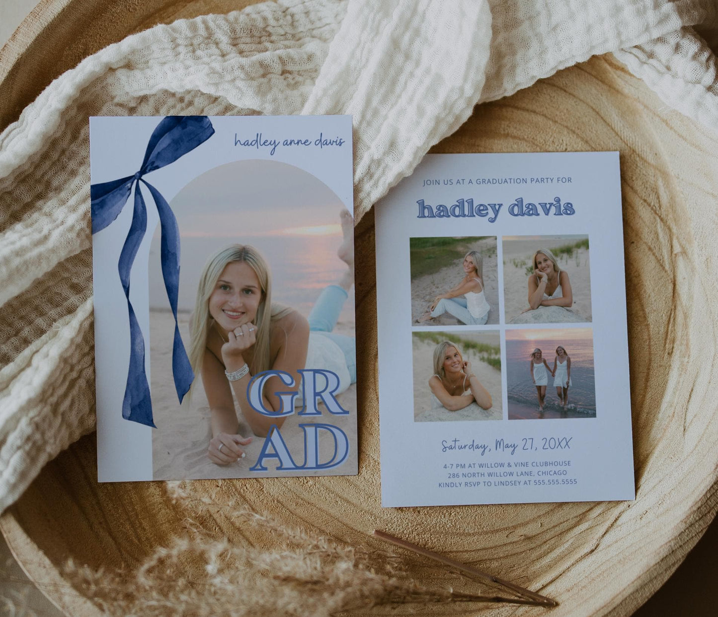 Navy Blue Bow Graduation Invitation, Canva Template, Editable Girly Grad Party Invite, Coquette Bow, Aesthetic Senior Announcement Photo