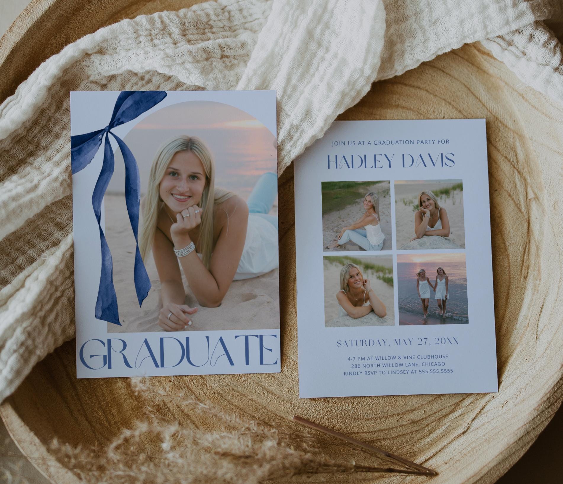 Blue Bow Graduation Invitation, Canva Template, Editable Girly Grad Party Invite, Coquette Bow, Aesthetic Senior Announcement Photo