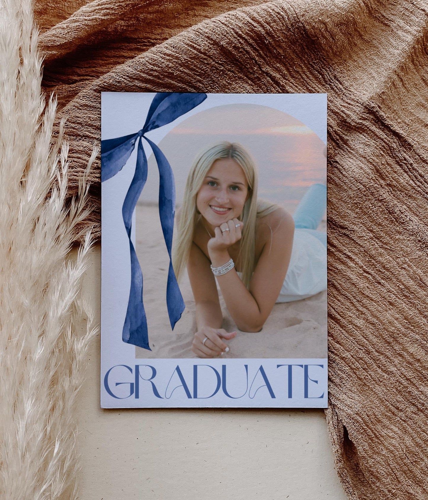 Blue Bow Graduation Invitation, Canva Template, Editable Girly Grad Party Invite, Coquette Bow, Aesthetic Senior Announcement Photo