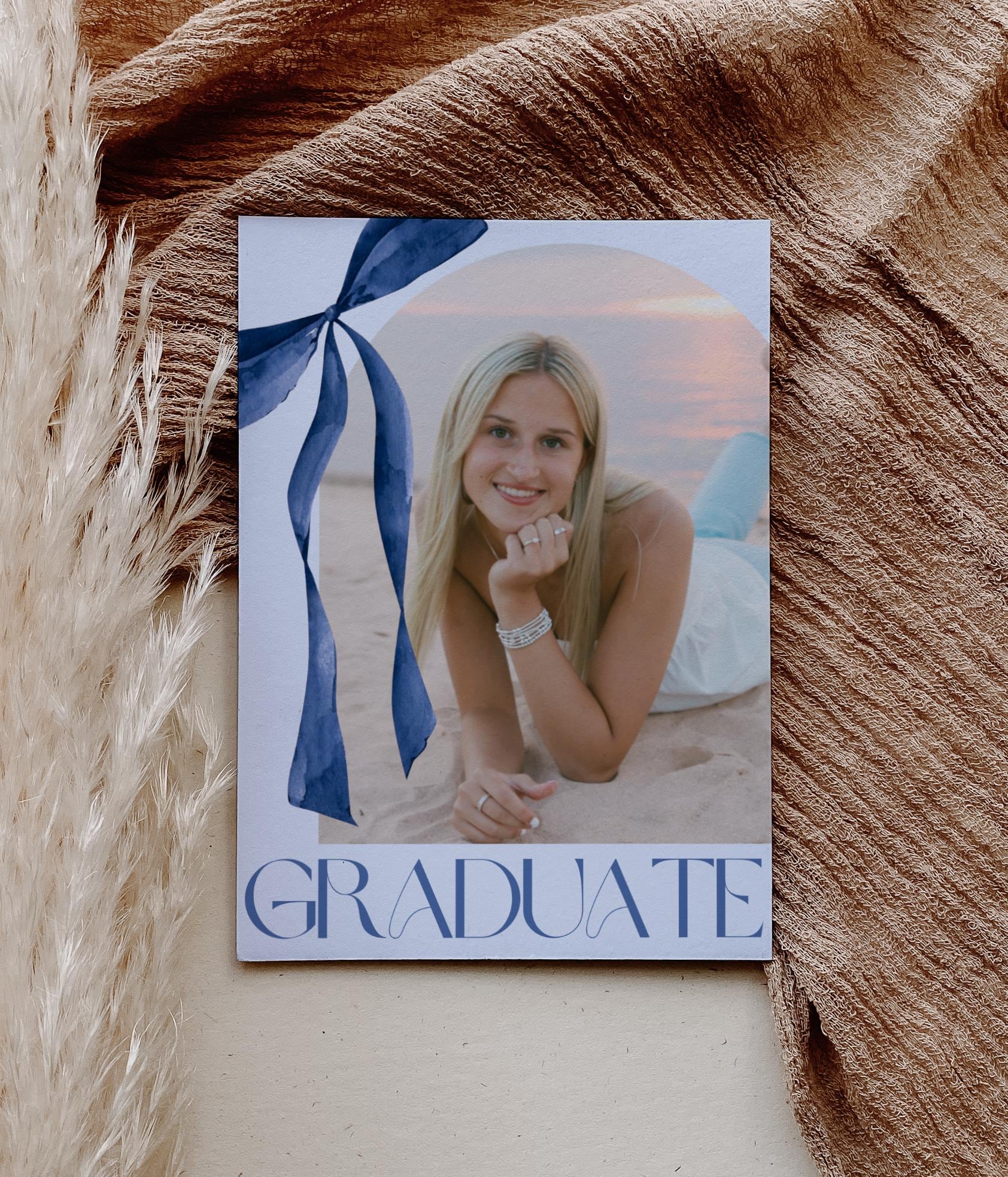 Blue Bow Graduation Invitation, Canva Template, Editable Girly Grad Party Invite, Coquette Bow, Aesthetic Senior Announcement Photo