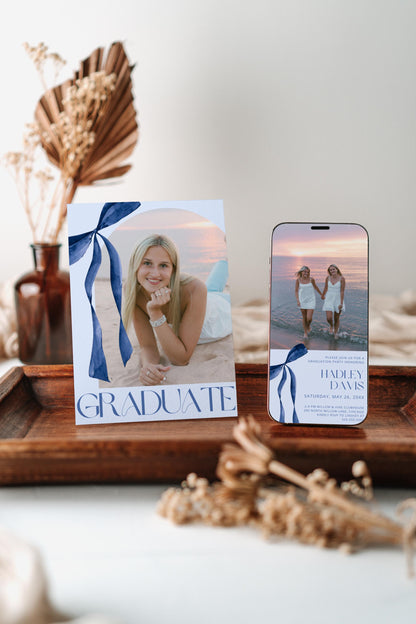 Blue Bow Graduation Invitation, Canva Template, Editable Girly Grad Party Invite, Coquette Bow, Aesthetic Senior Announcement Photo