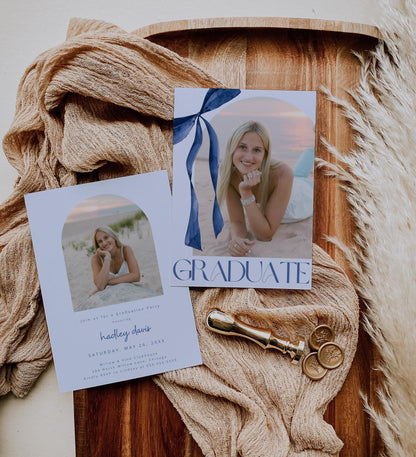 Blue Bow Graduation Invitation, Canva Template, Editable Girly Grad Party Invite, Coquette Bow, Aesthetic Senior Announcement Photo